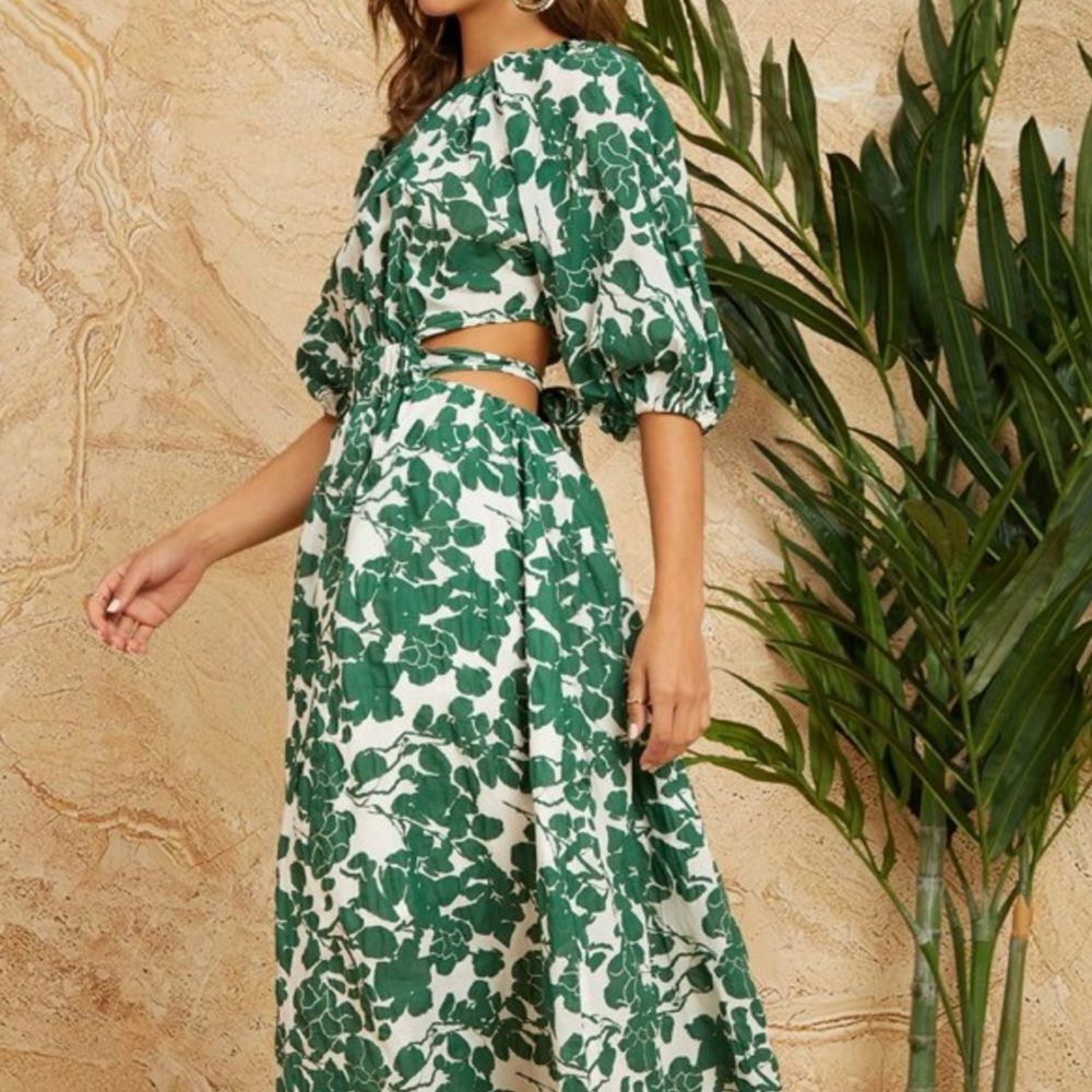 Boho Floral Puff Sleeve Cut Out Dress Tie Back A Line Midi Dresses No Size Tag - Picture 3 of 12